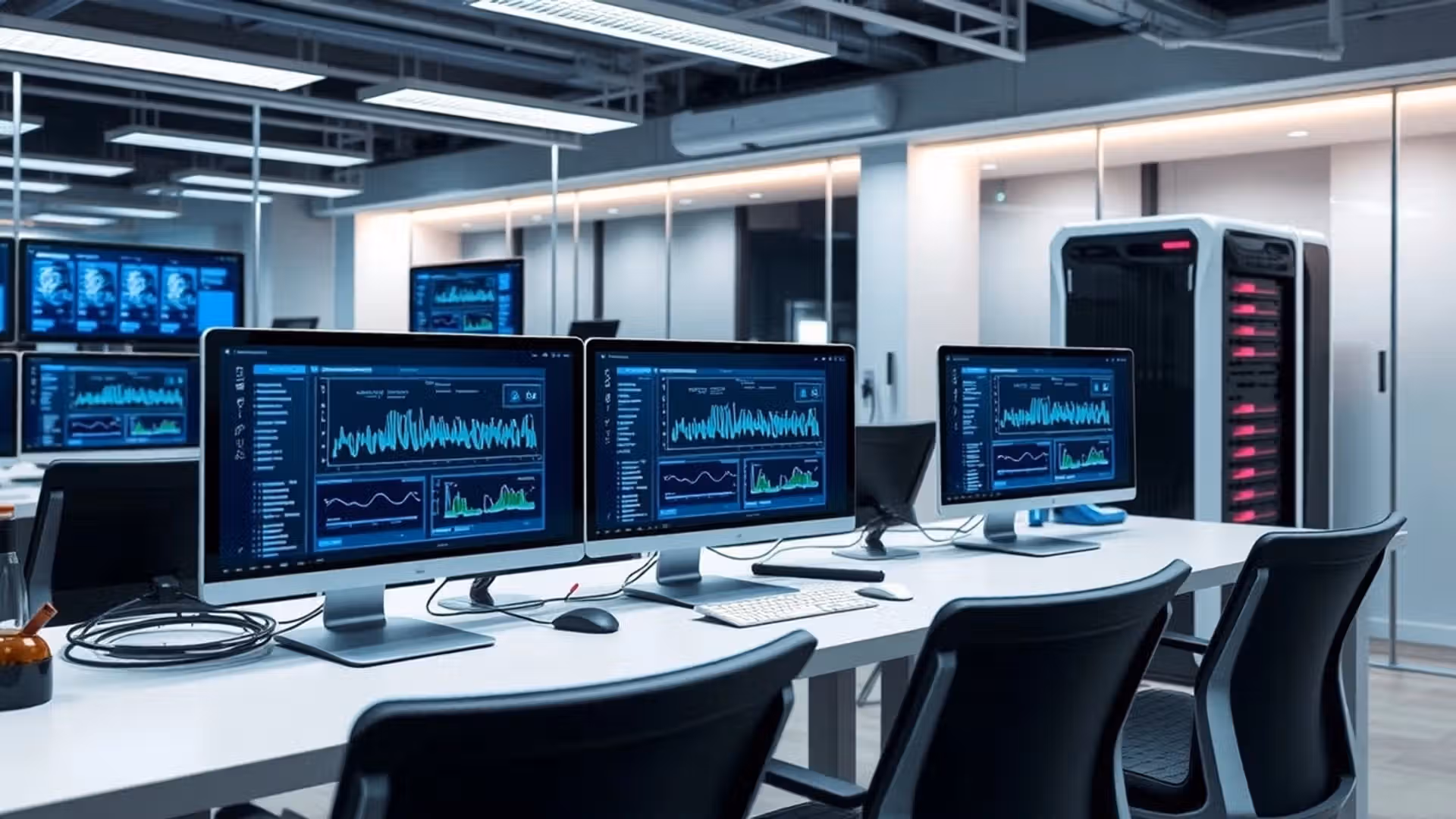 Bureau moderne avec des ordinateurs et un serveur virtuel