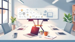 Bureau moderne pour entreprises en demarrage avec ordinateurs et tableaux