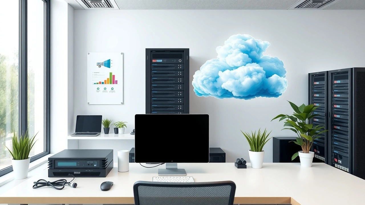 bureau avec ordinateur et serveur organisé