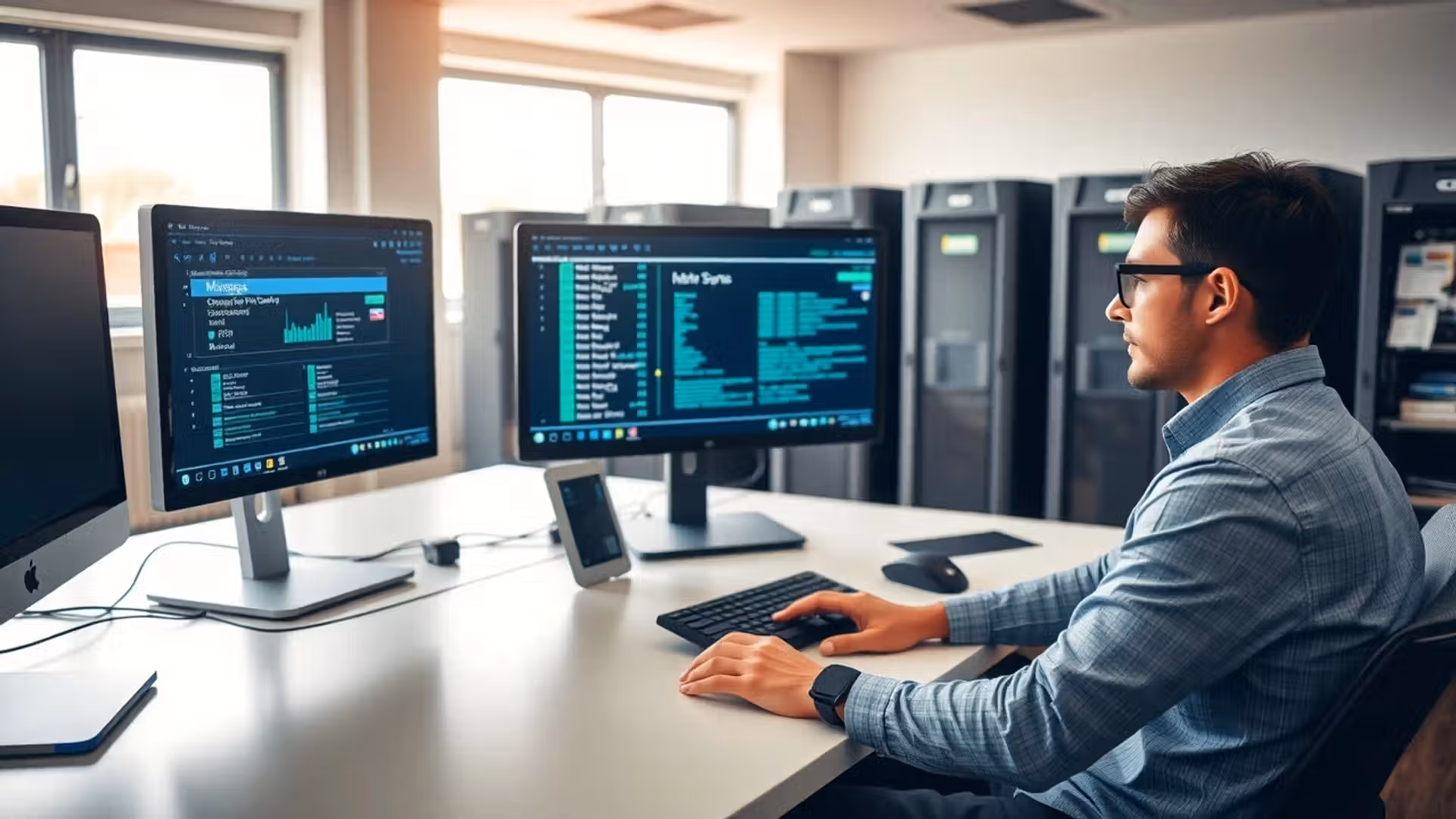 Un environnement de bureau serein avec un professionnel de l'IT gérant une migration informatique.