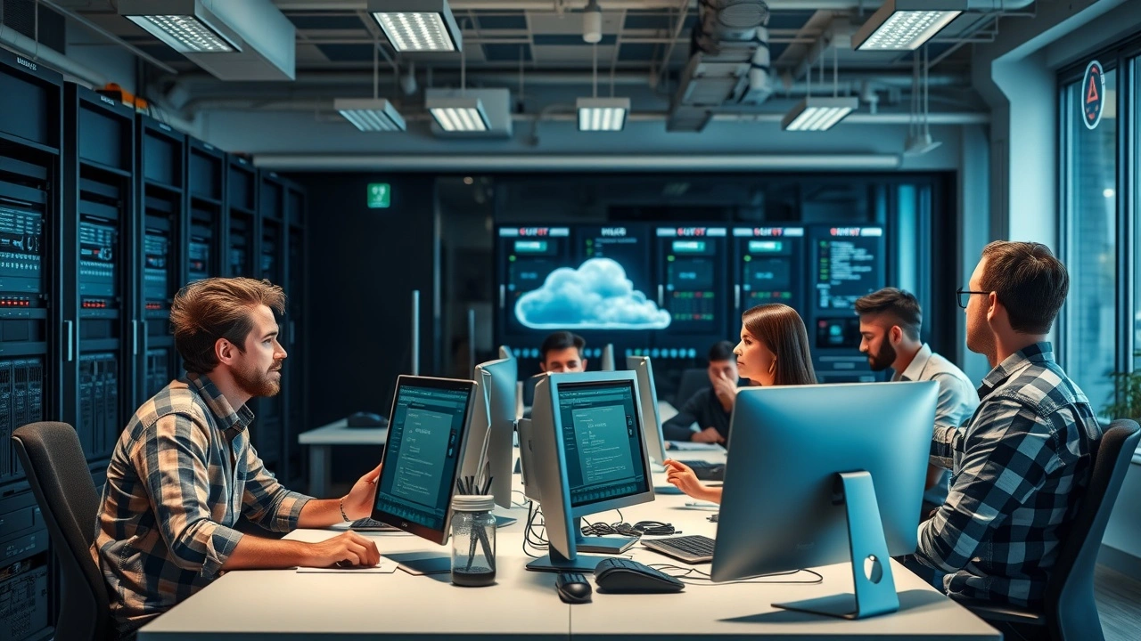 bureau moderne pour startup avec serveurs et equipe