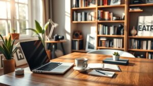 Bureau confortable pour blogueurs avec un ordinateur portable et des fournitures
