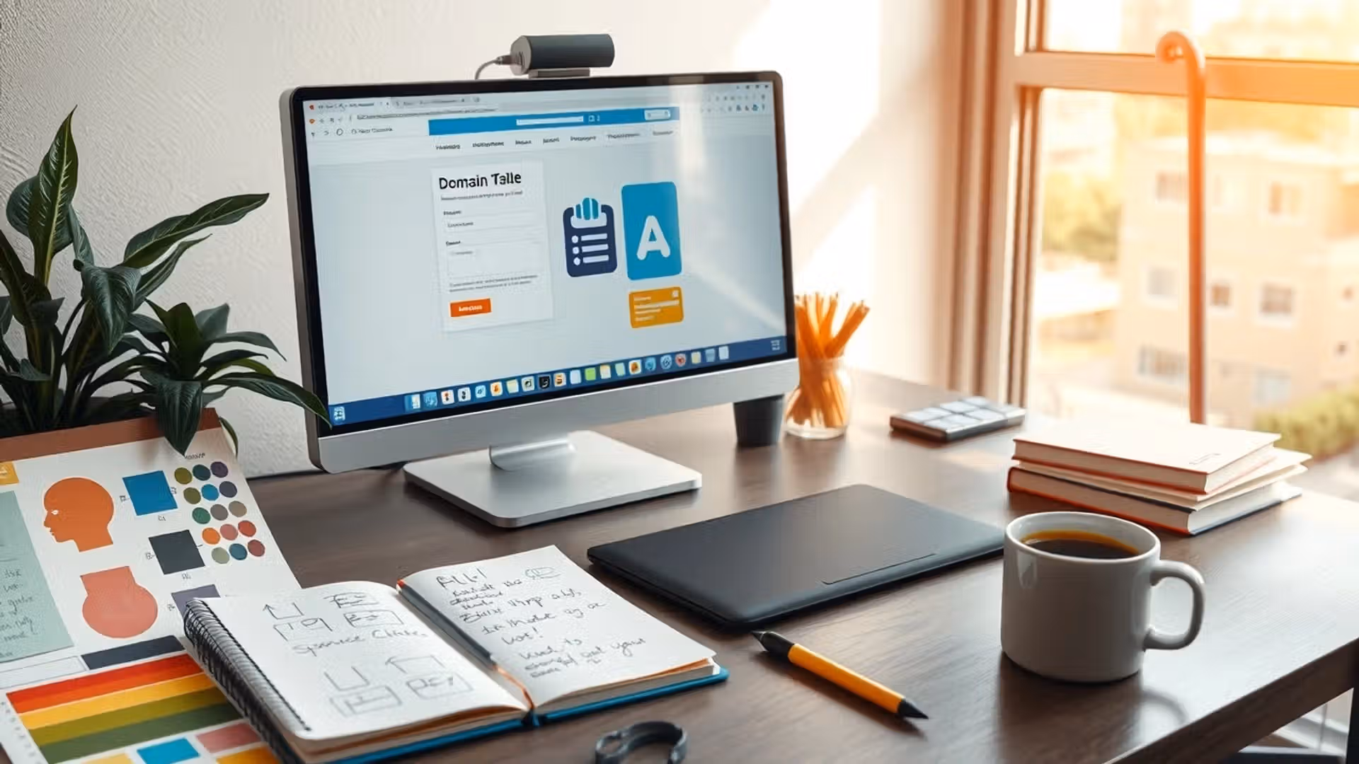 Un bureau moderne avec un ordinateur, un carnet et une tasse de café, illustrant la création d'un nom de domaine personnalisé.