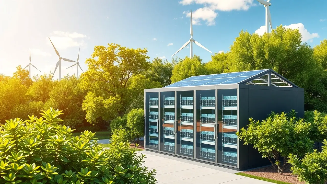 Centre de données moderne entouré de verdure, symbolisant la performance énergétique écologique.
