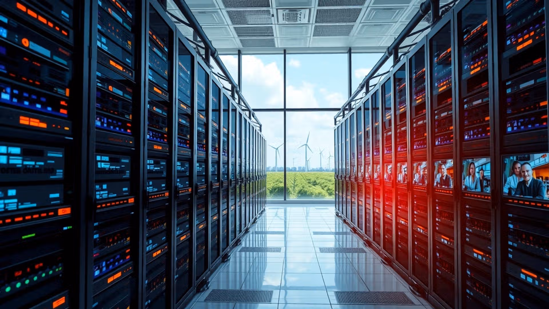 Une illustration photoréaliste d'un centre de données moderne montrant l'essor des solutions d'hébergement à distance en France.