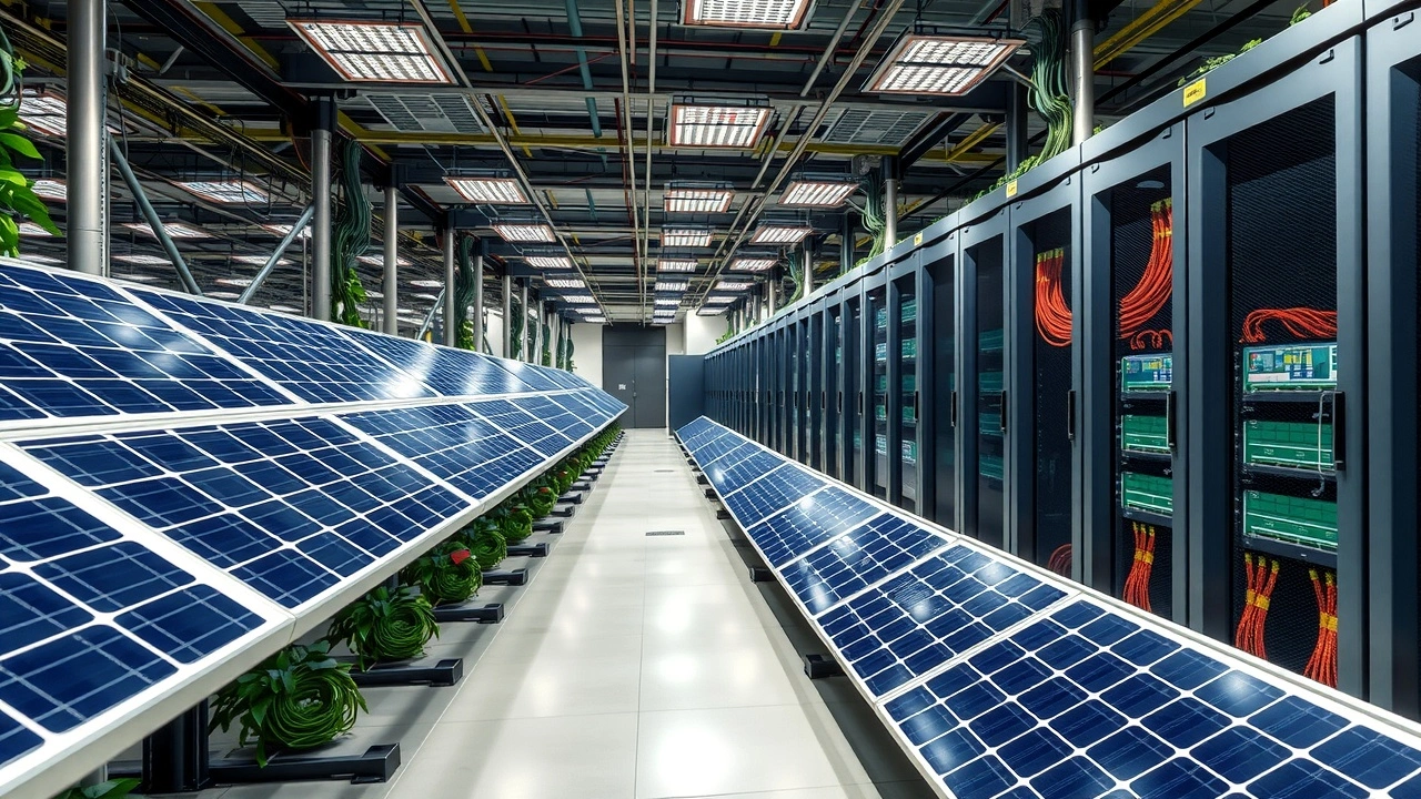 centre de données vert avec panneaux solaires