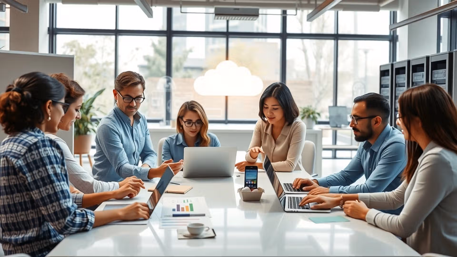 Un groupe de professionnels discutant de l'hébergement d'applications web dans un bureau moderne.