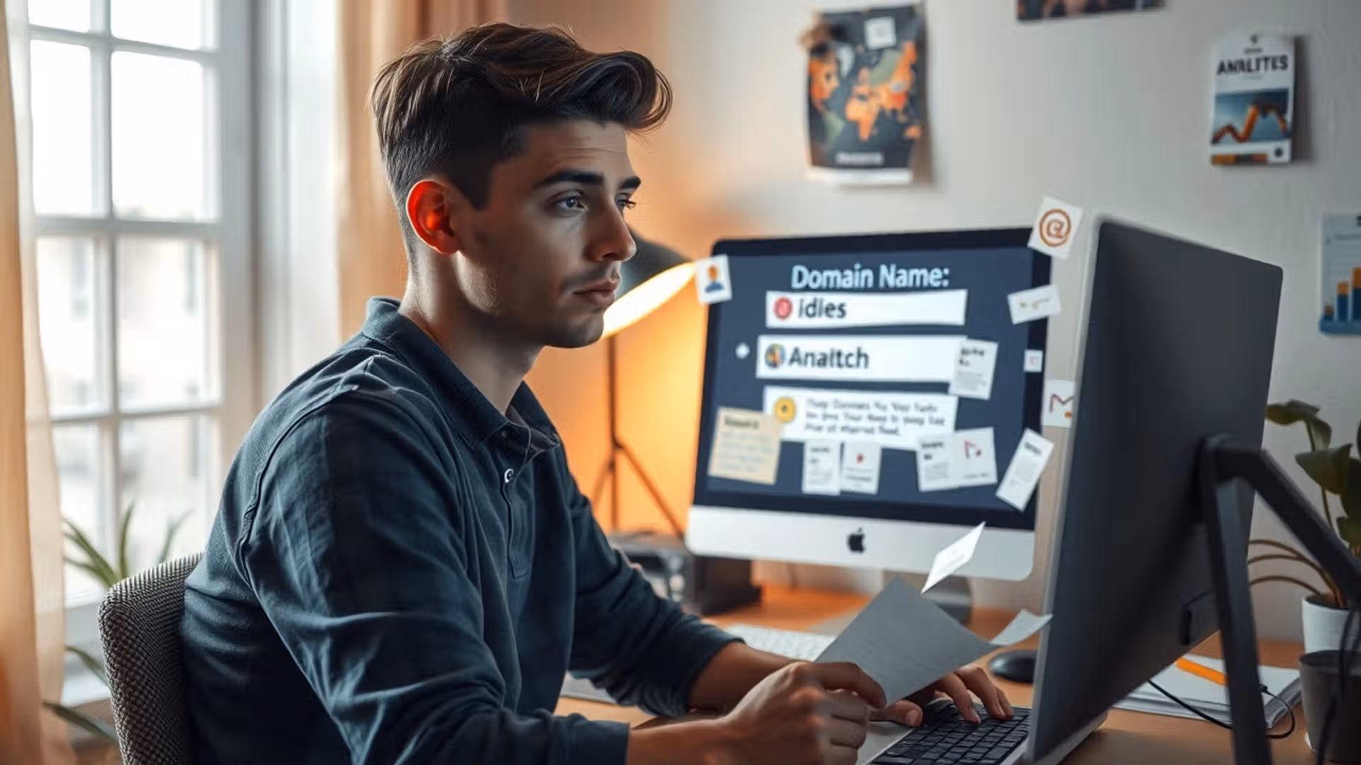 Une personne réfléchissant à des choix de noms de domaine dans un bureau cosy.