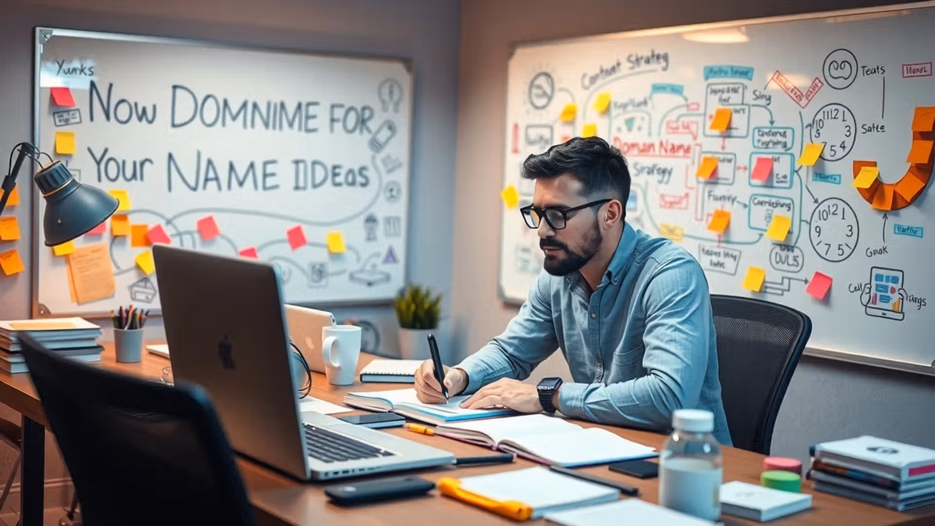 Une image d'une personne professionnelle réfléchissant à un nom de domaine dans un bureau moderne.