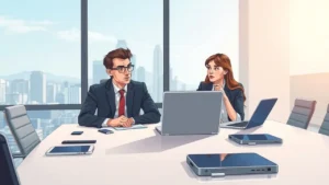 une illustration d'une réunion sur le choix d'un nom de domaine