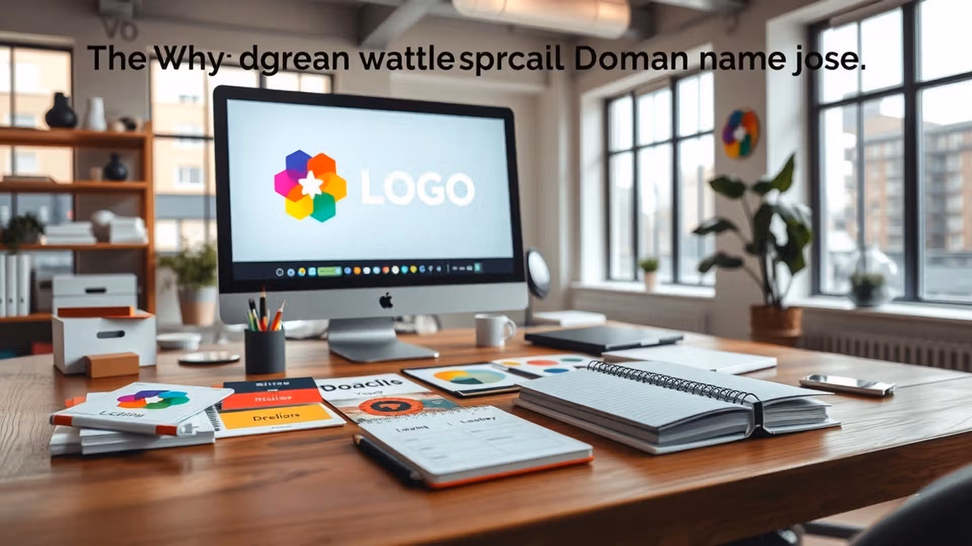 Une scène montrant un espace de travail créatif avec un logo vibrant, des matériaux de marque colorés et un bureau en bois.