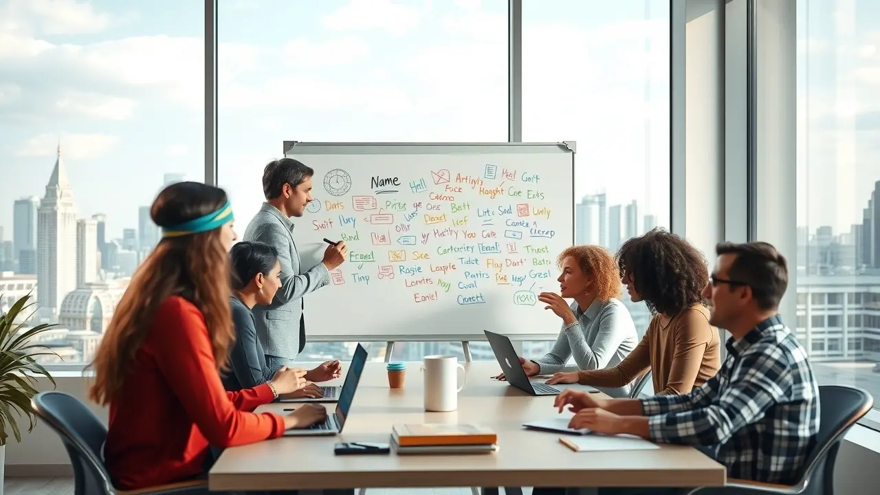 Une scène montrant un groupe de personnes diversifiées en train de choisir un nom pour un projet associatif, dans un bureau moderne.