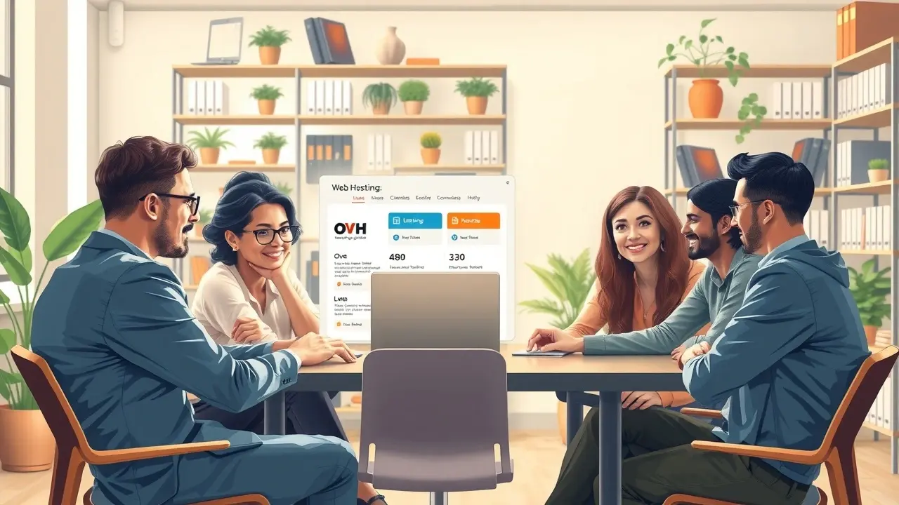 Une illustration d'un bureau d'entreprise avec des entrepreneurs discutant de solutions technologiques.