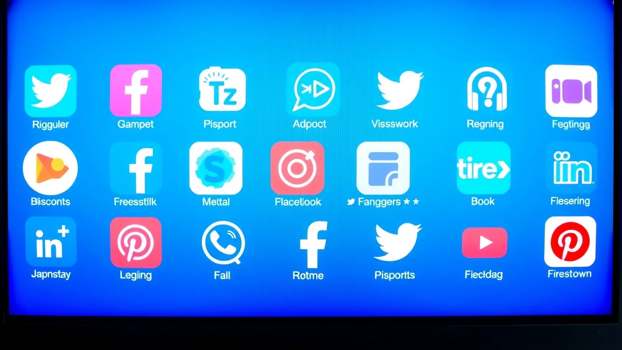 ecran dordinateur avec icones de reseaux sociaux et noms de domaine