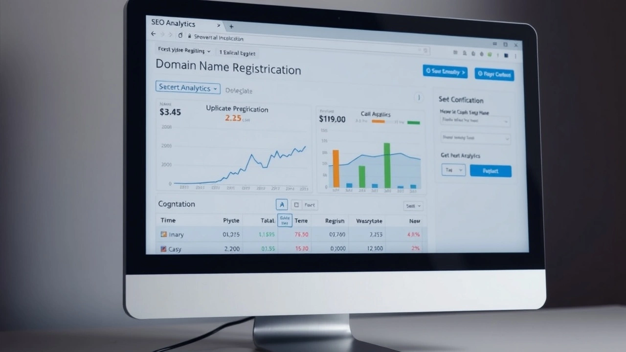 ecran d ordinateur avec analyses SEO et enregistrement de nom de domaine