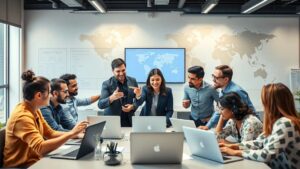 Une scène montrant des personnes discutant l'enregistrement de noms de domaine à l'international.