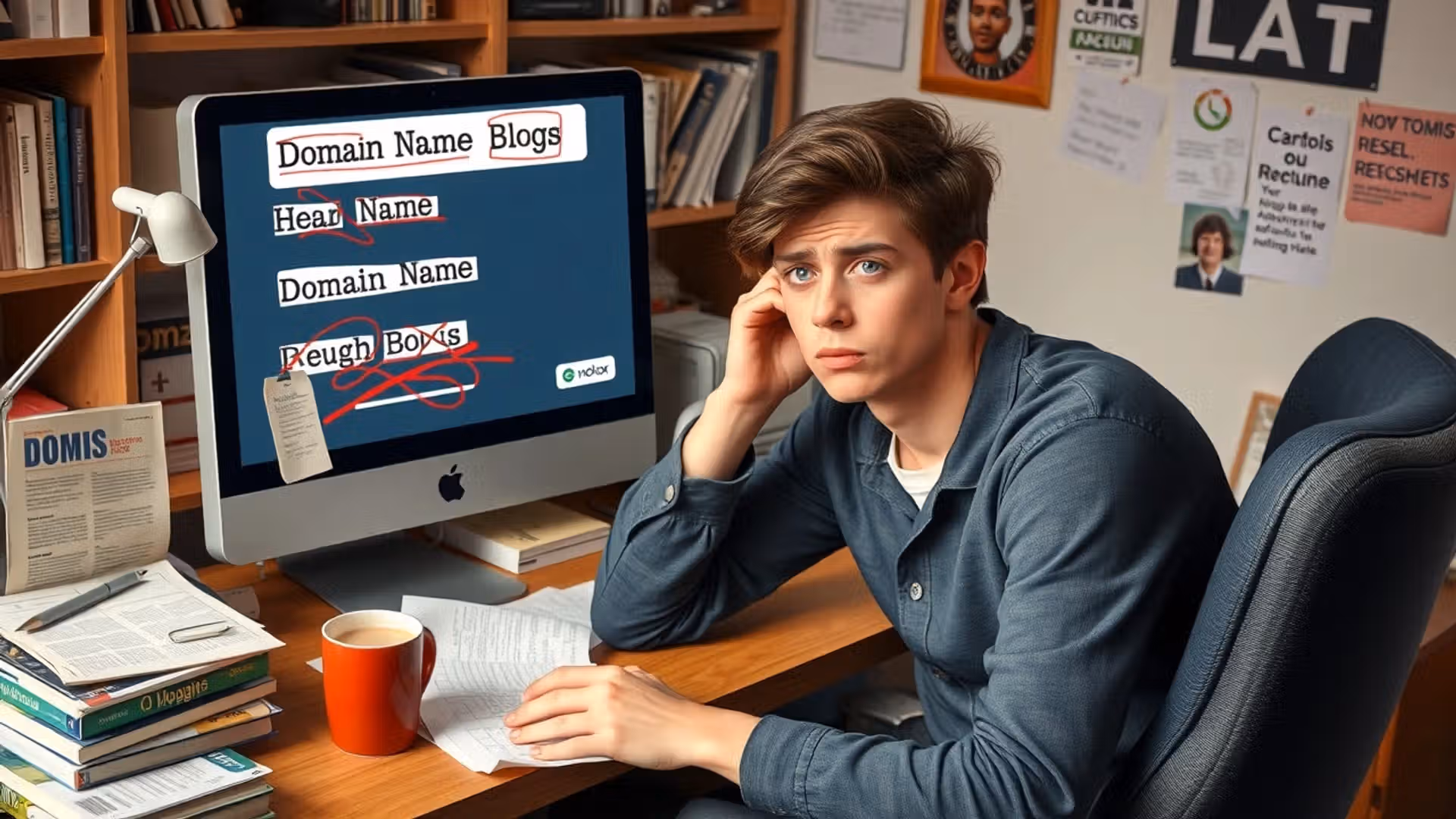 Une personne frustrée devant un ordinateur, luttant pour choisir un nom de domaine pour un blog professionnel.