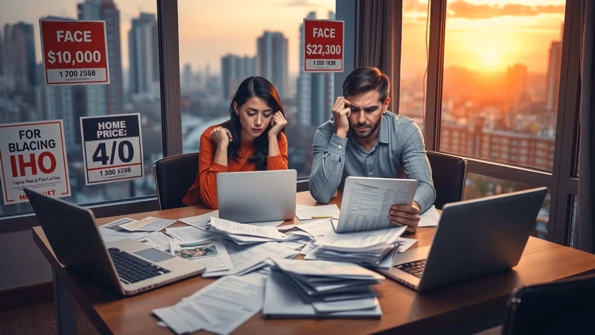 Un couple confus face à des papiers, stressé par le choix d'hébergement après une hausse de prix.