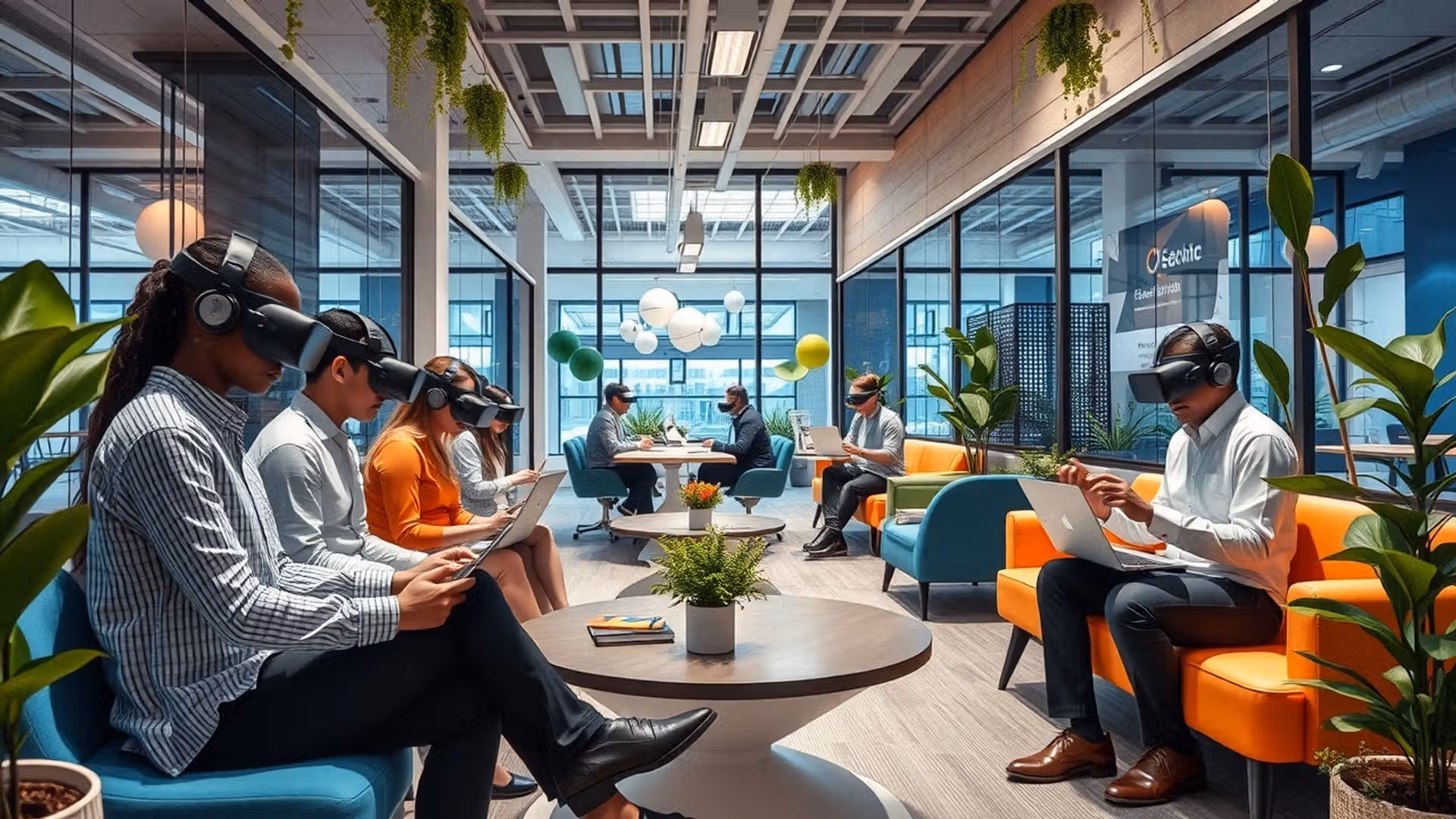 Un espace de coworking futuriste avec des professionnels collaborant sur des projets.