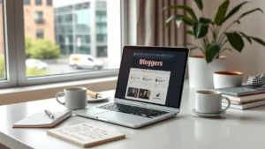 Un espace de travail moderne pour blogueurs avec un ordinateur portable et une vue urbaine.