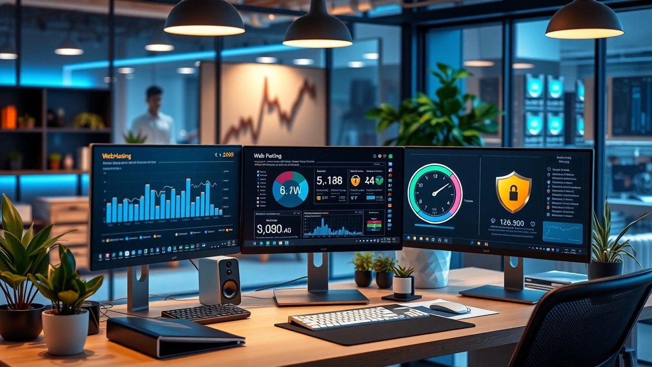 Un espace de travail moderne avec un ordinateur affichant des graphiques de performance d'hébergement web.