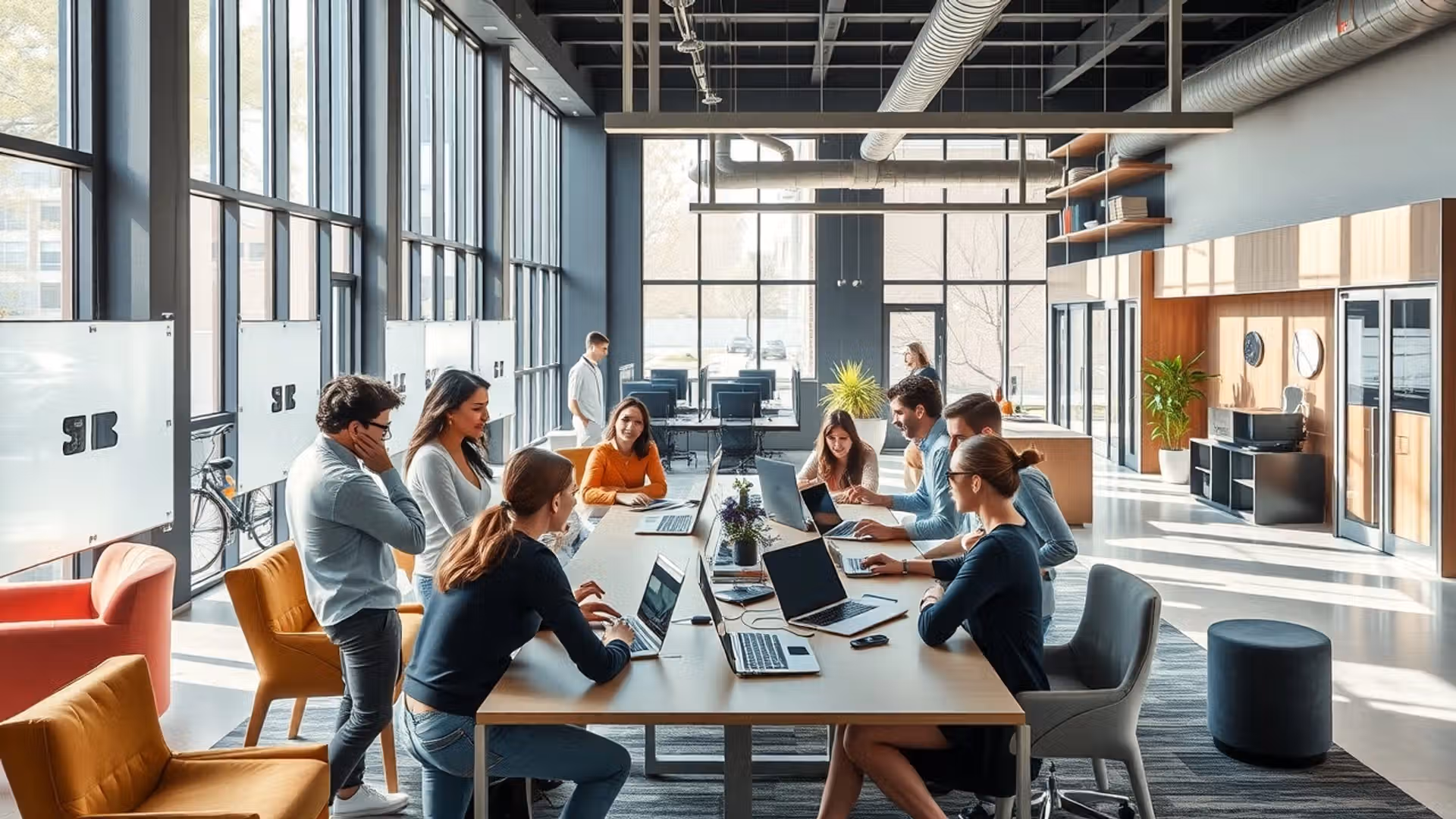 Espace de travail moderne et flexible avec des professionnels collaborant