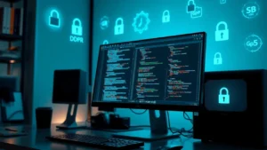 Un espace de travail numérique moderne avec un ordinateur et des symboles de confidentialité des données.