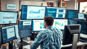 Une scène de travail numérique montrant une personne gérant plusieurs sites web et clients.