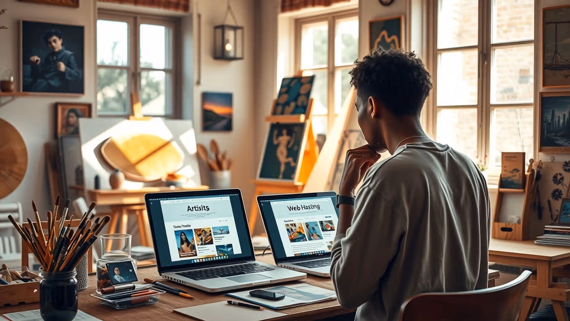 Une illustration photoréaliste d'un artiste choisissant un fournisseur d'hébergement web dans son studio créatif.