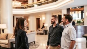 Un hall d'hôtel accueillant avec des clients satisfaits.