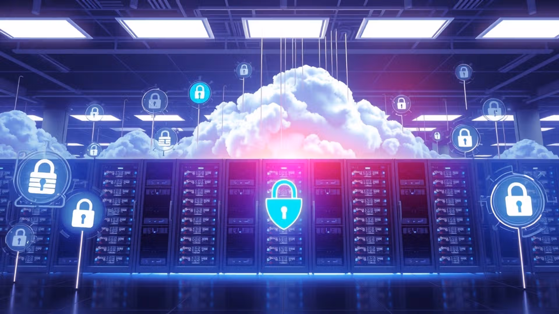 Une scène illustrant une combinaison de l'hébergement cloud et de la sécurité.