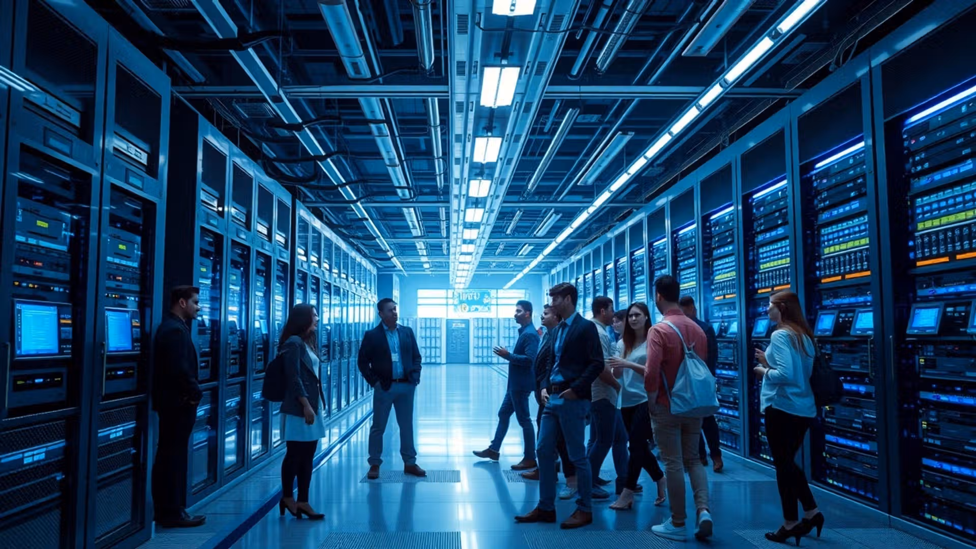 Environnement futuriste d'hébergement web en 2025, illustrant la concurrence entre LWS et les géants du secteur.
