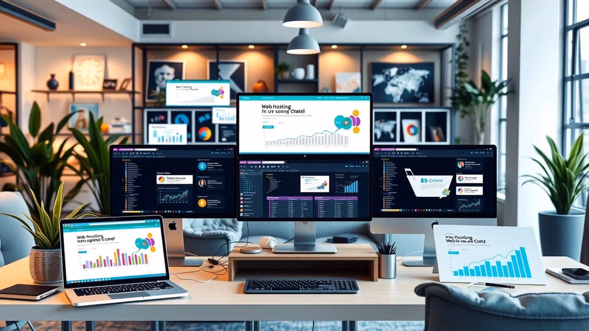 Une représentation photoréaliste d'un environnement de bureau moderne pour l'hébergement web e-commerce.