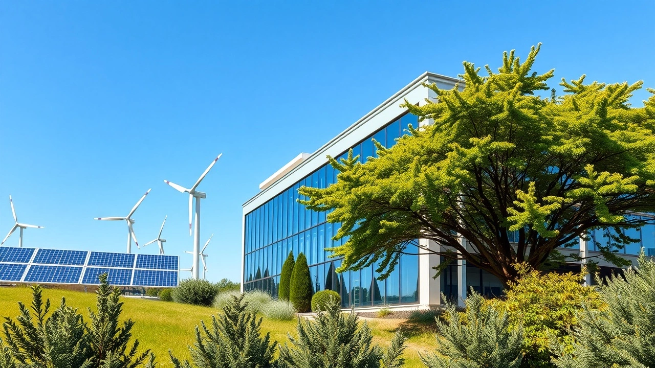 Une illustration d'un hébergement web éco-responsable en France avec des panneaux solaires et des éoliennes.