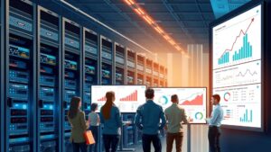 Illustration d'un centre de données moderne avec des professionnels discutant de l'hébergement web et de l'évolutivité.