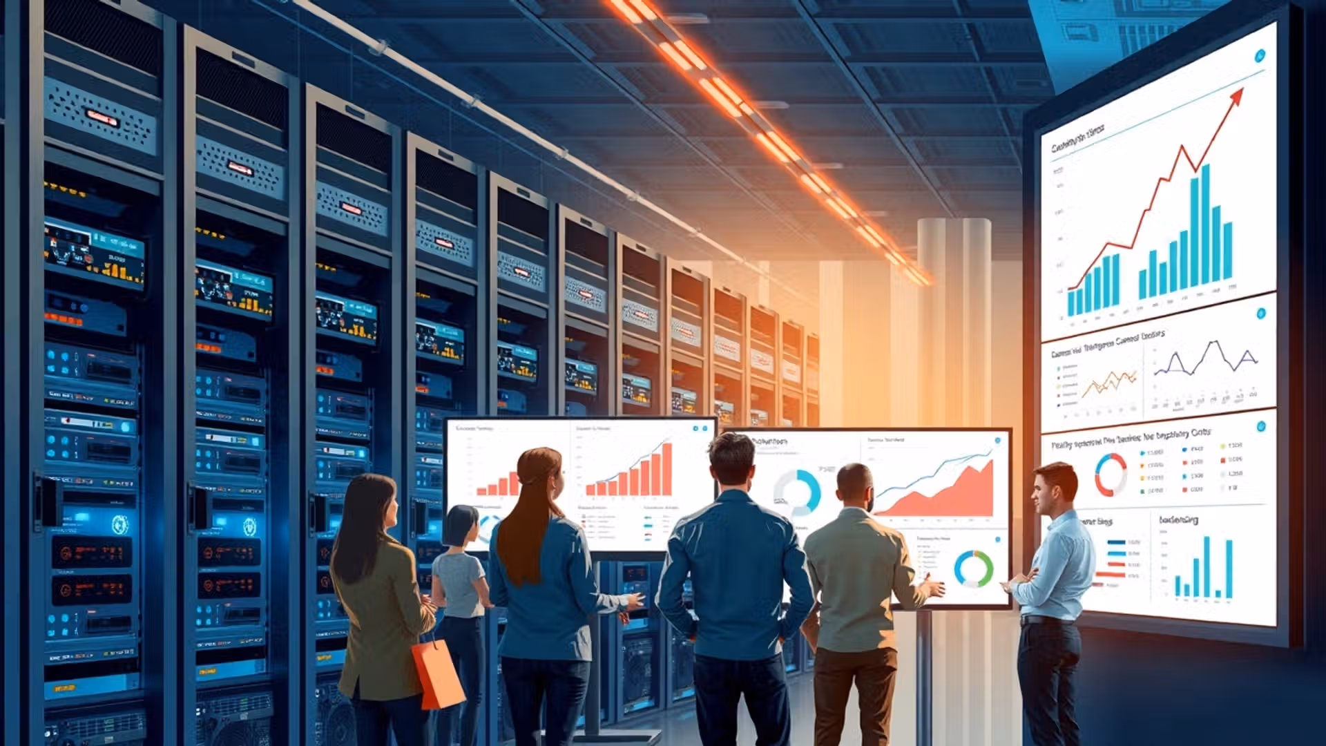 Illustration d'un centre de données moderne avec des professionnels discutant de l'hébergement web et de l'évolutivité.
