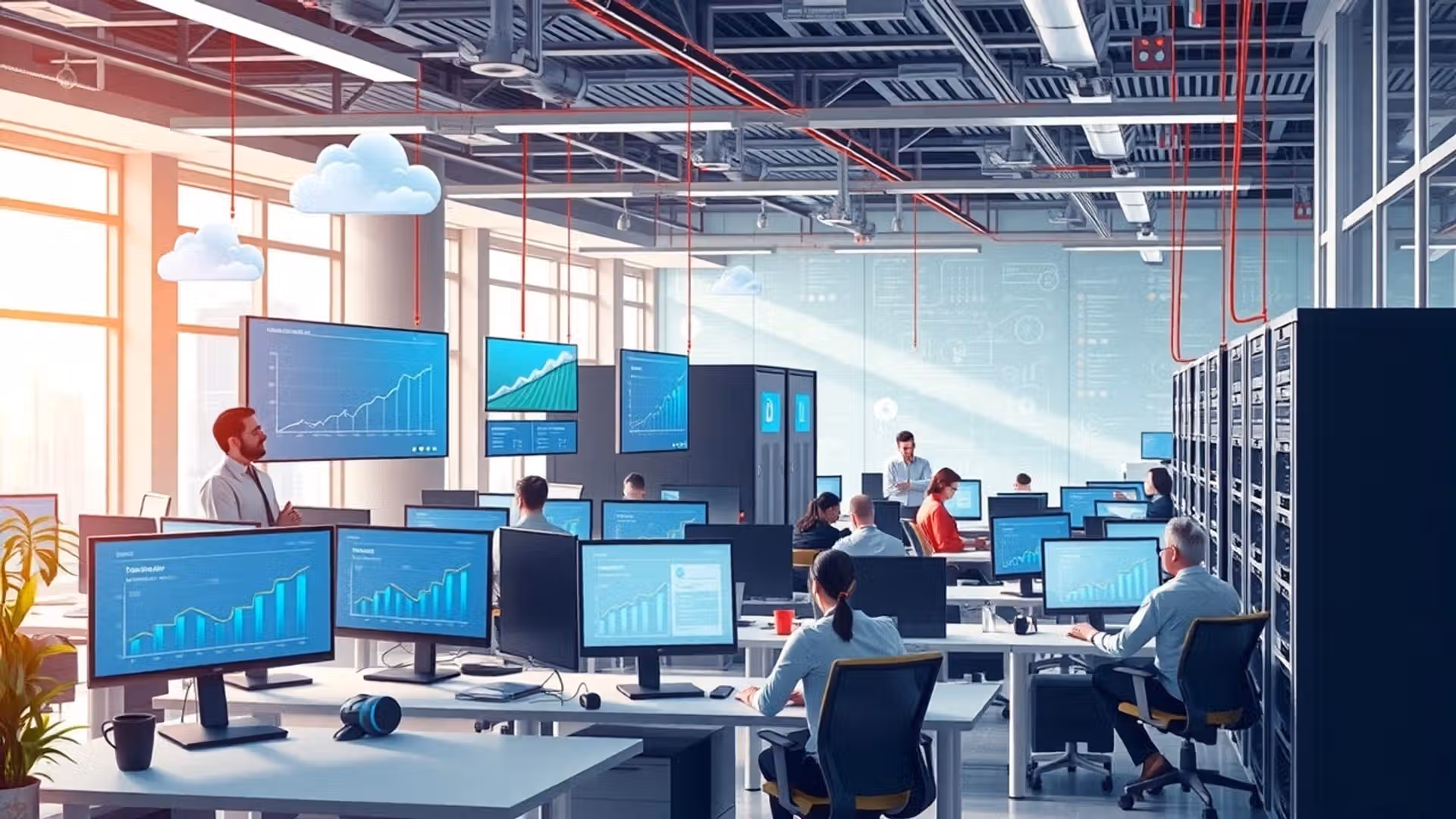 Illustration d'un bureau moderne et futuriste illustrant l'hébergement web évolutif et la collaboration professionnelle.