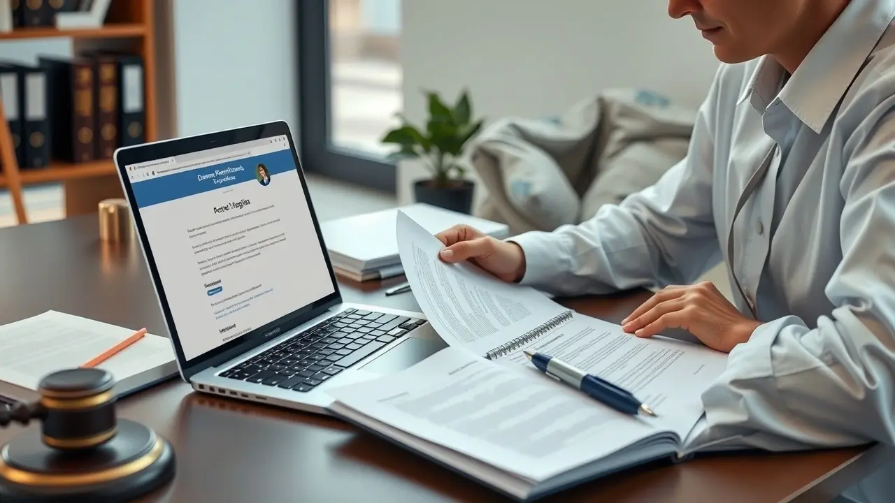 Un professionnel du droit examinant des documents sur l'enregistrement de nom de domaine.