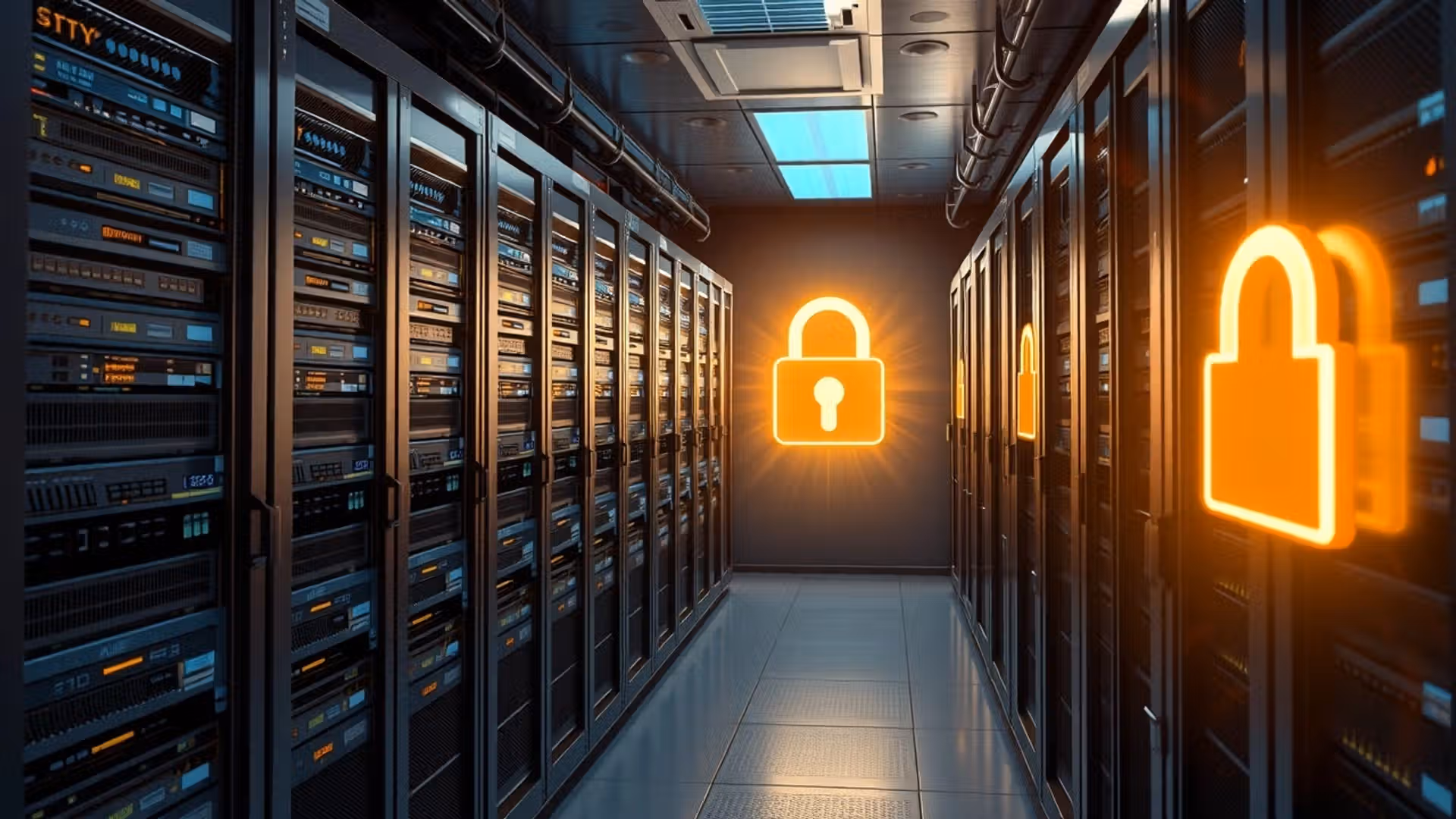 Une salle de serveurs sécurisés avec des symboles de verrouillage, illustrant l'importance des certificats SSL.