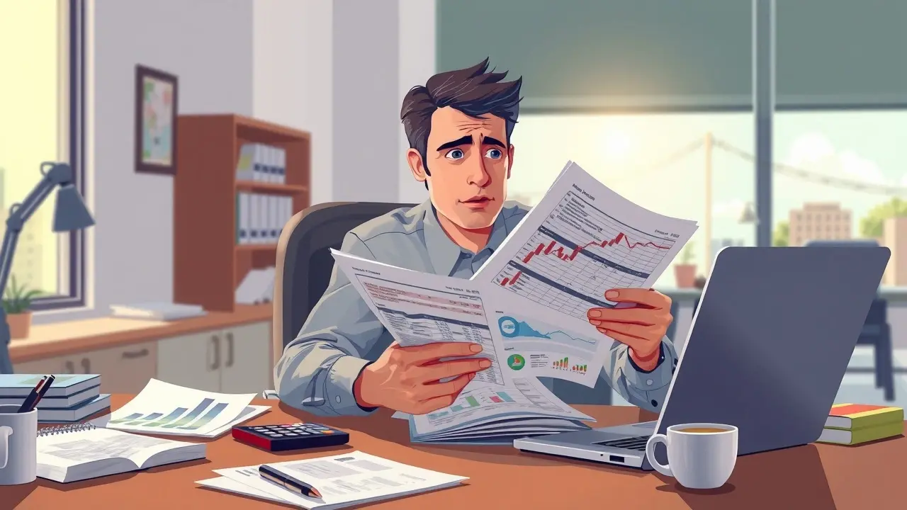 Une personne lisant des documents financiers avec une expression sérieuse dans un bureau ensoleillé.