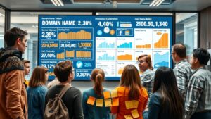 Une image illustrant l'influence des tendances sociales sur le choix des noms de domaine dans un environnement de bureau moderne.