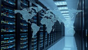 Une illustration photoréaliste d'un centre de données moderne mettant en avant l'importance de la localisation des serveurs dans l'hébergement web.