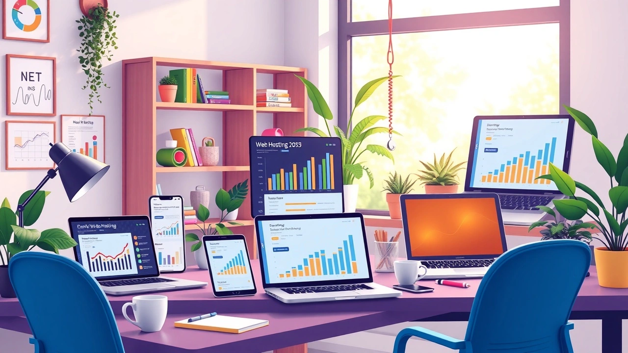 Un espace de travail moderne illustrant des appareils numériques et des promotions d'hébergement web en 2025.