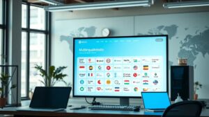 Une scène de bureau moderne illustrant le développement de sites web multilingues.