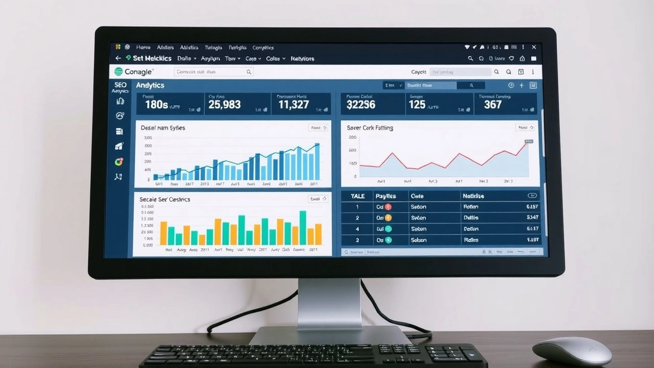 ordinateur avec graphiques d'analyse SEO