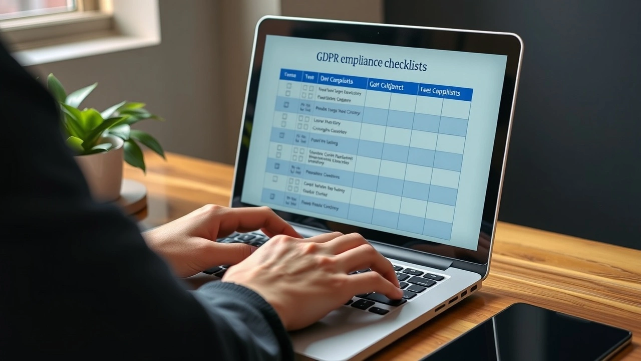 person utilisant un ordinateur portable avec des listes de contrôle RGPD