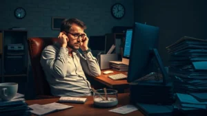 Un propriétaire de petite entreprise frustré devant son bureau, réfléchissant aux coûts d'hébergement