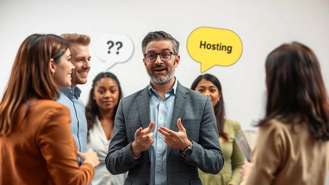 des gens divers posant des questions sur lhebergement web