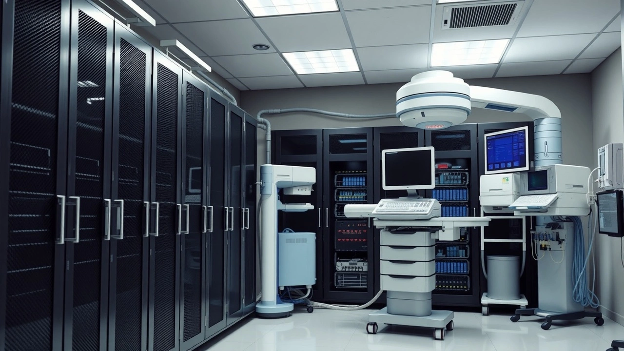 une salle de serveurs sécurisée avec des équipements médicaux