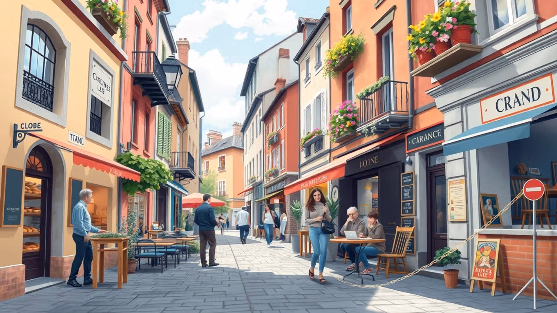 Une scène de rue locale en France mettant en valeur des commerces et la communauté.